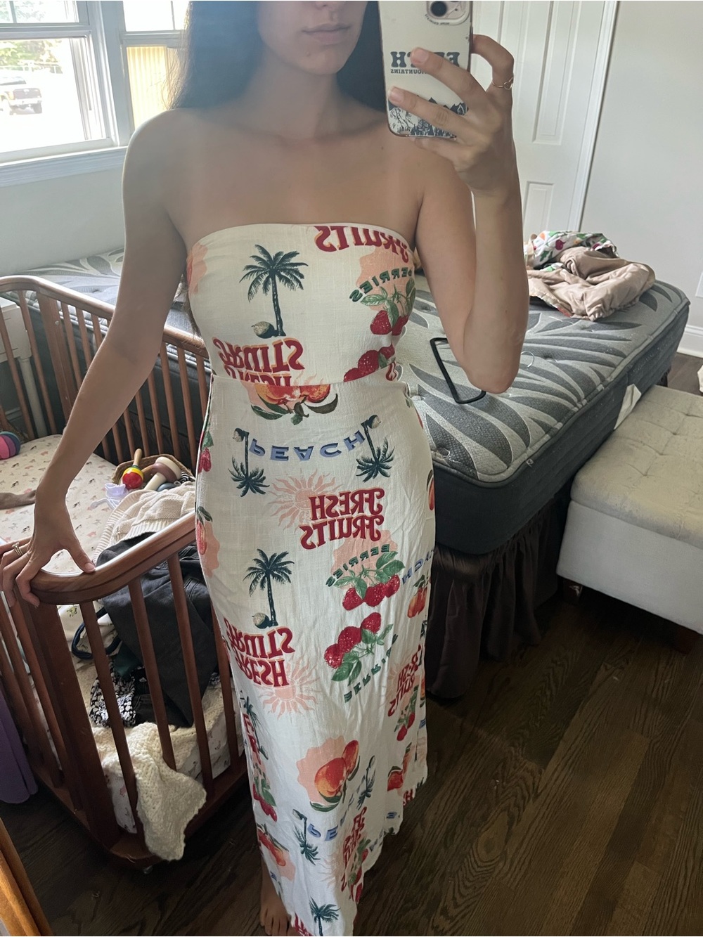 Paper Heart Strapless Tropical Print Maxi Dress - White with Red & Green
